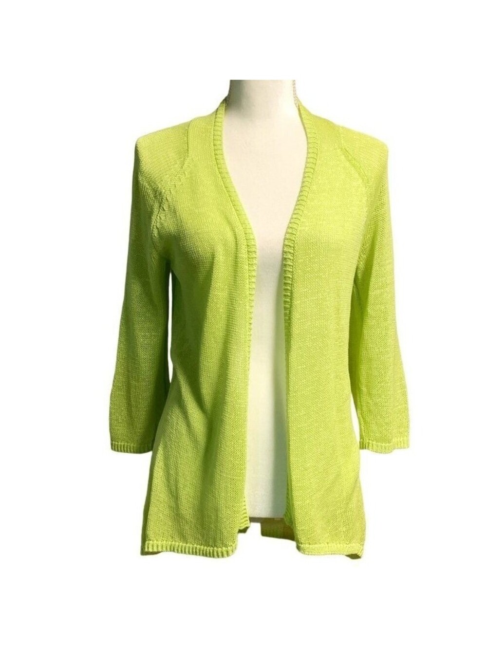 Chicos Lime Green Open Front Cardigan 3/4 Raglan Sleeve Knit Sweater Size 1 M